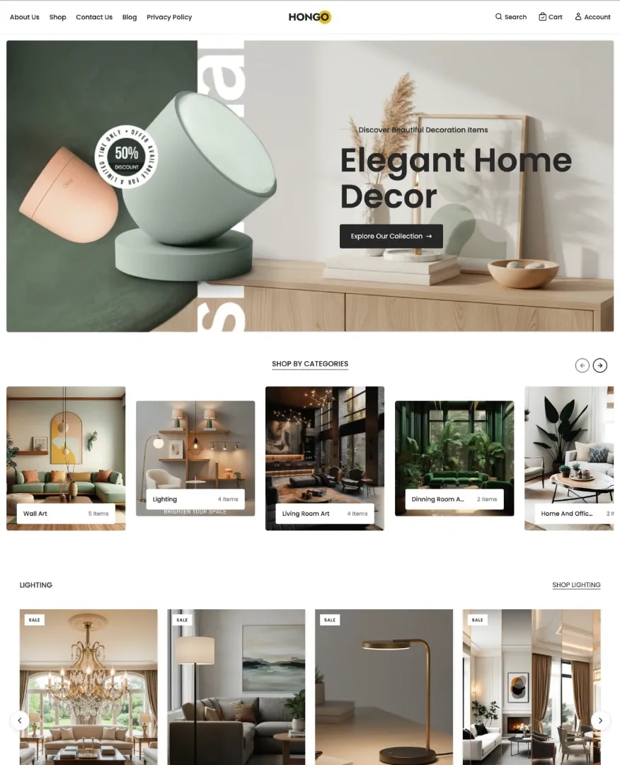 A super cool home decor/lightning store themed app website layout screenshot