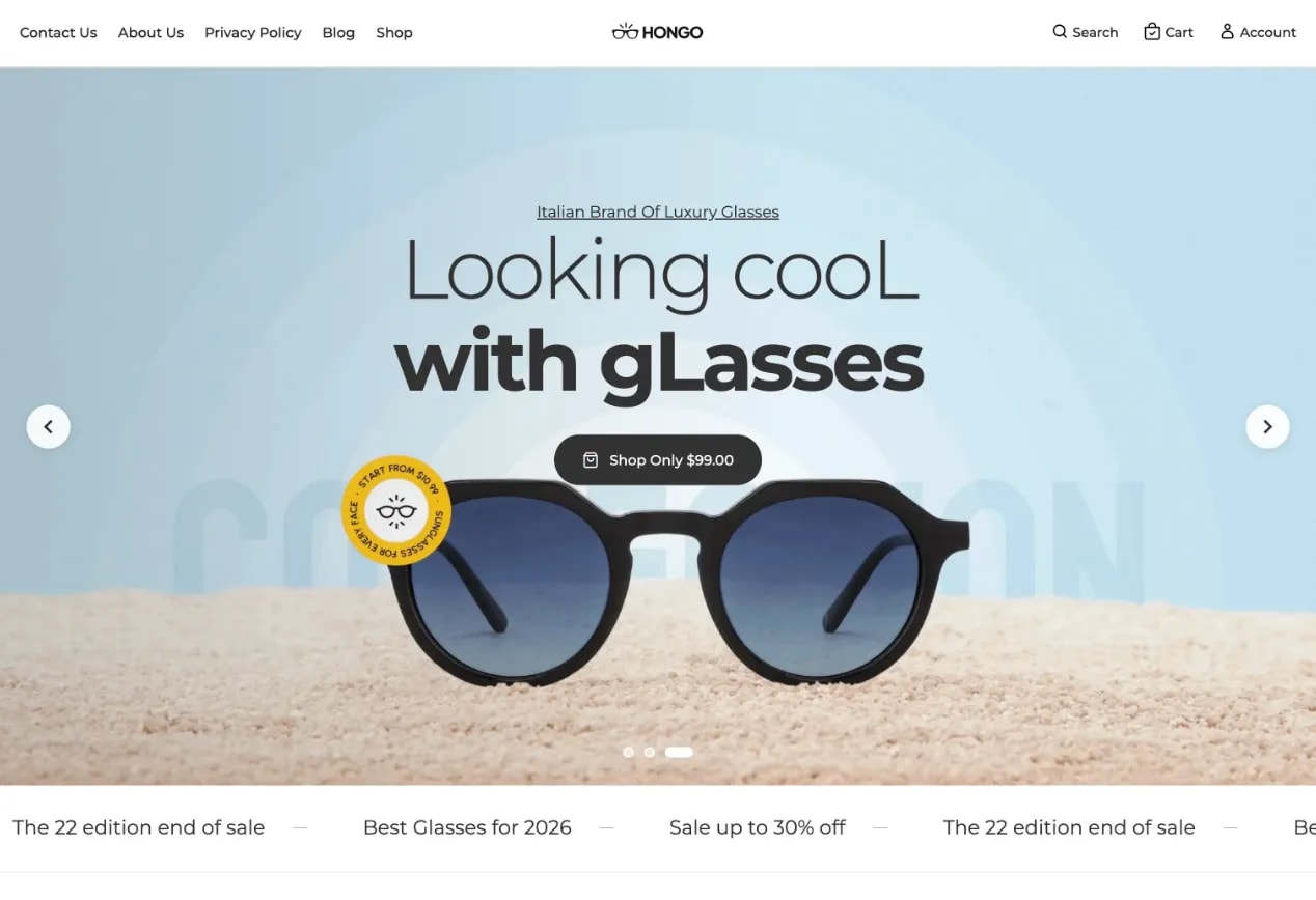 A modern and elegant sunglasses store website layout screenshot