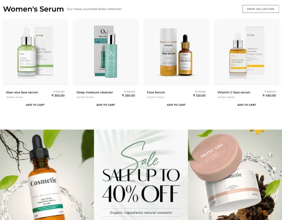 A modern and elegant skincare brand store website layout screenshot