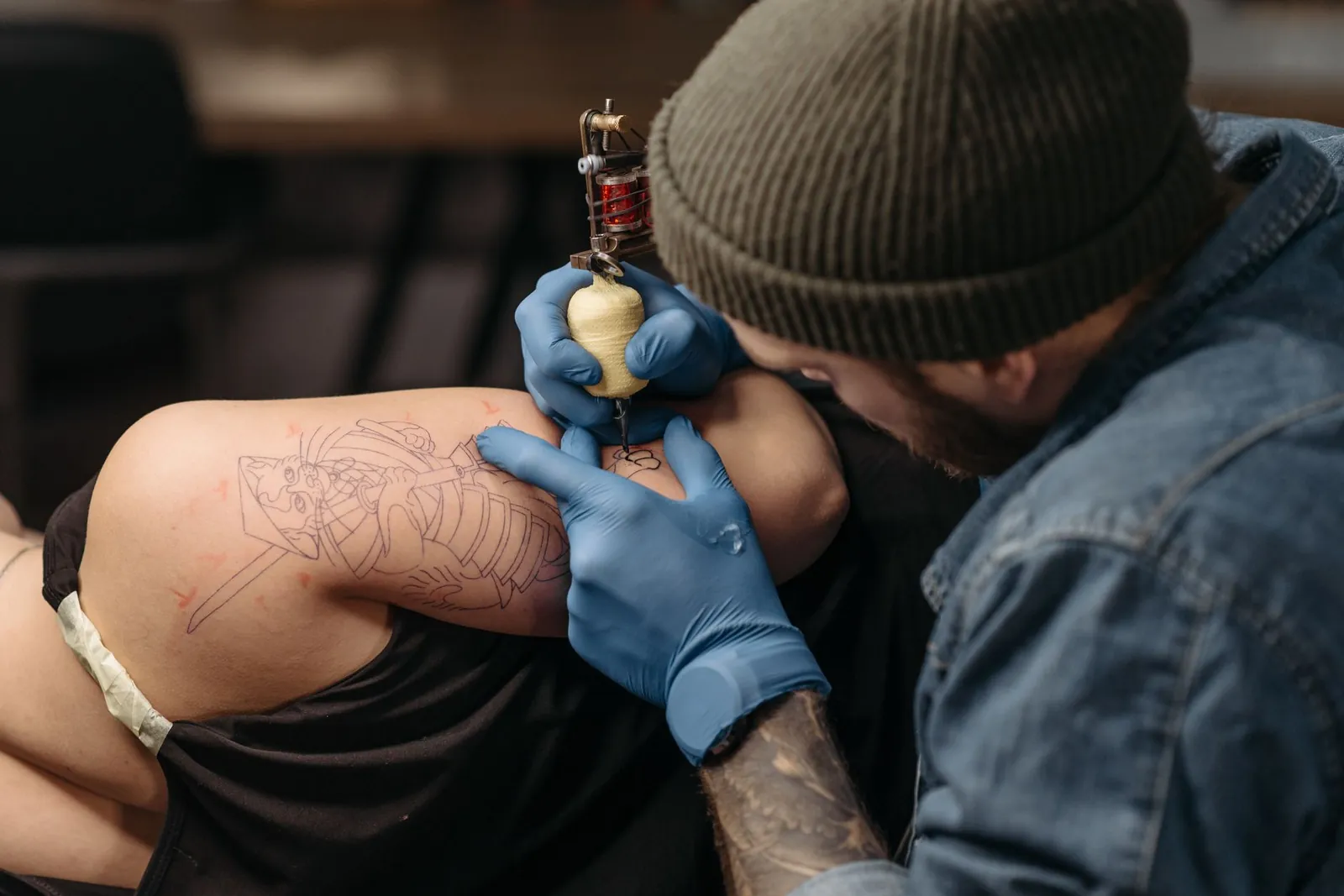 Tattoo: Fresh needles opened in front of you. Breaks whenever you want them. Music is your call.