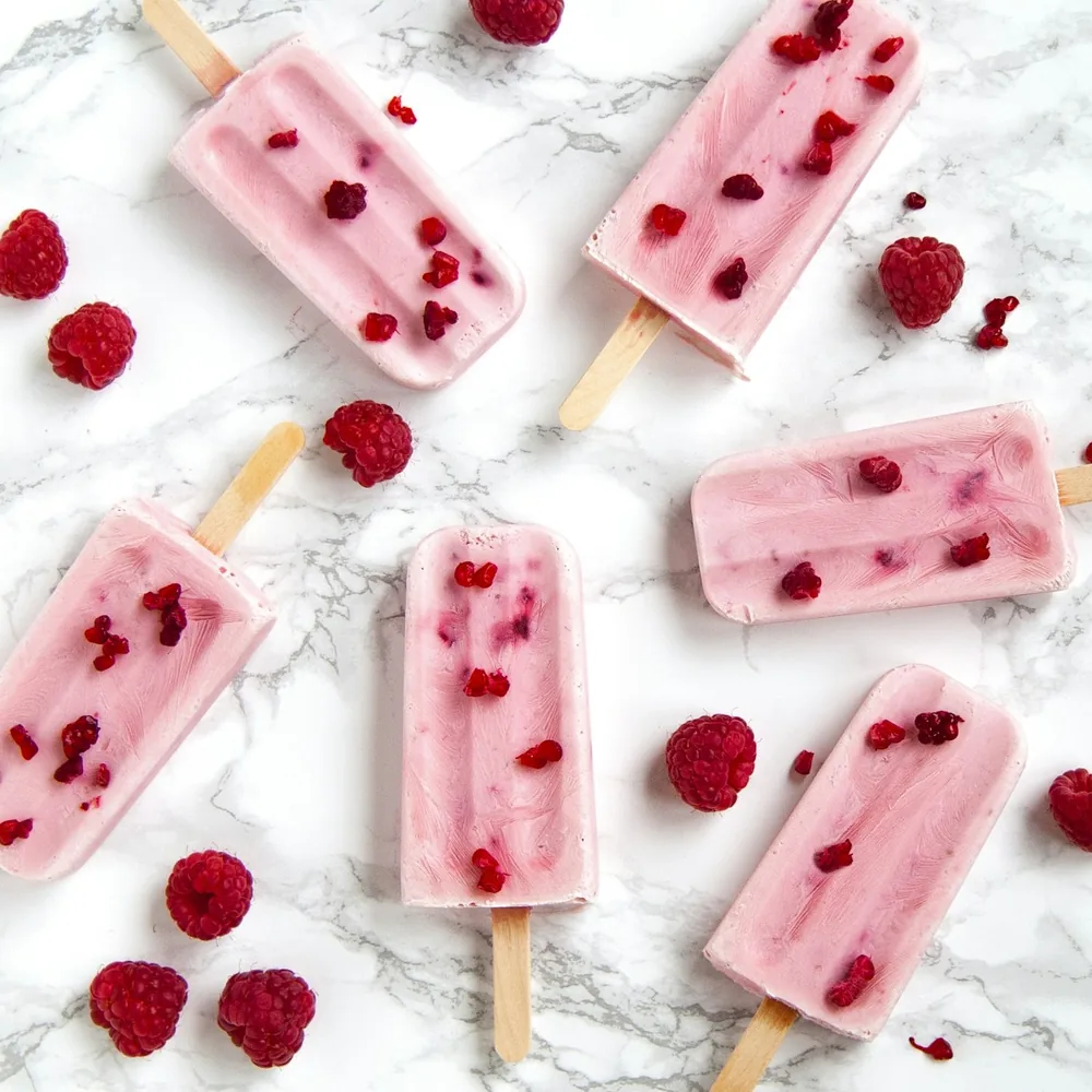 Raspberry ice pops on a marble counter