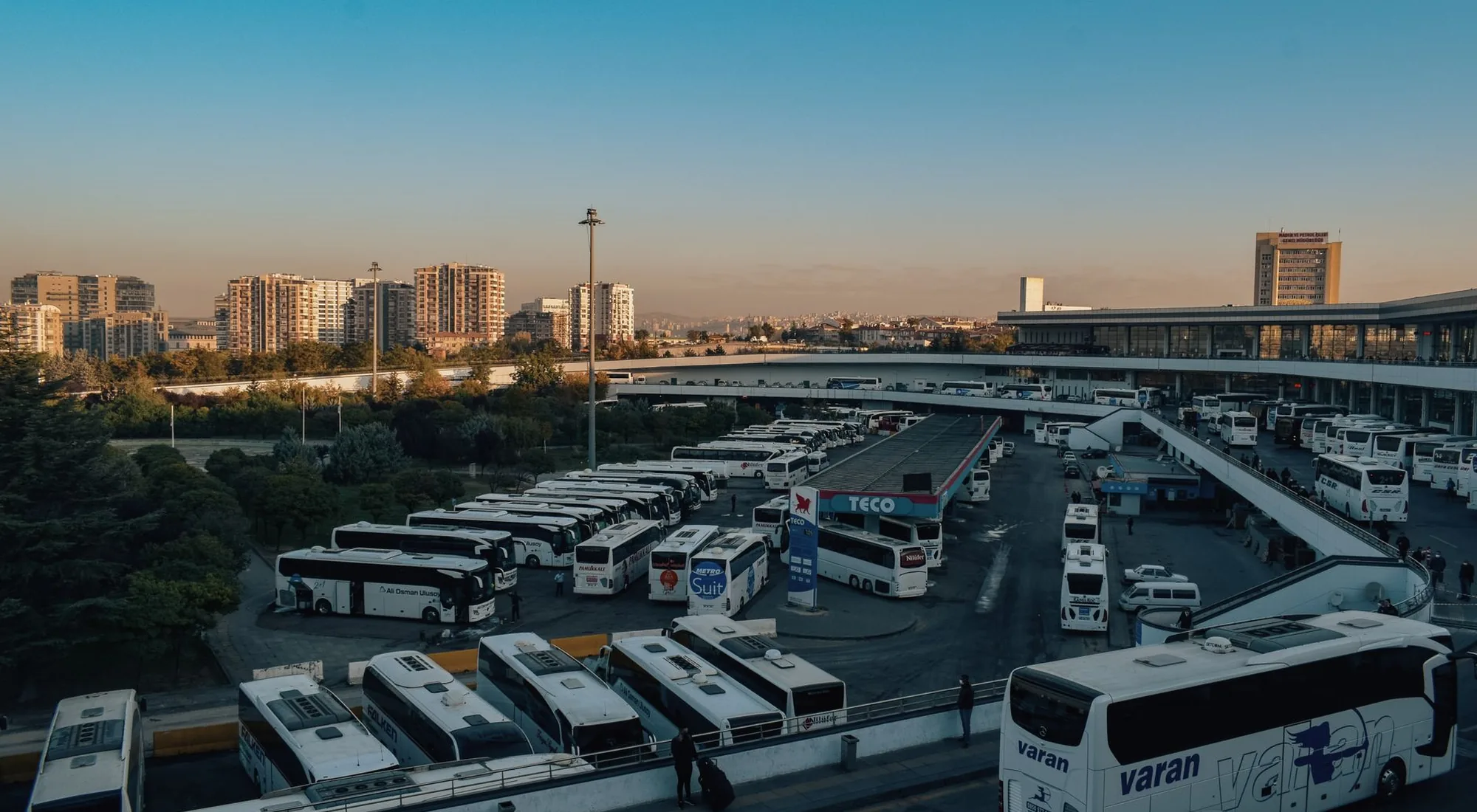 Coaches lined up at a city bus terminal